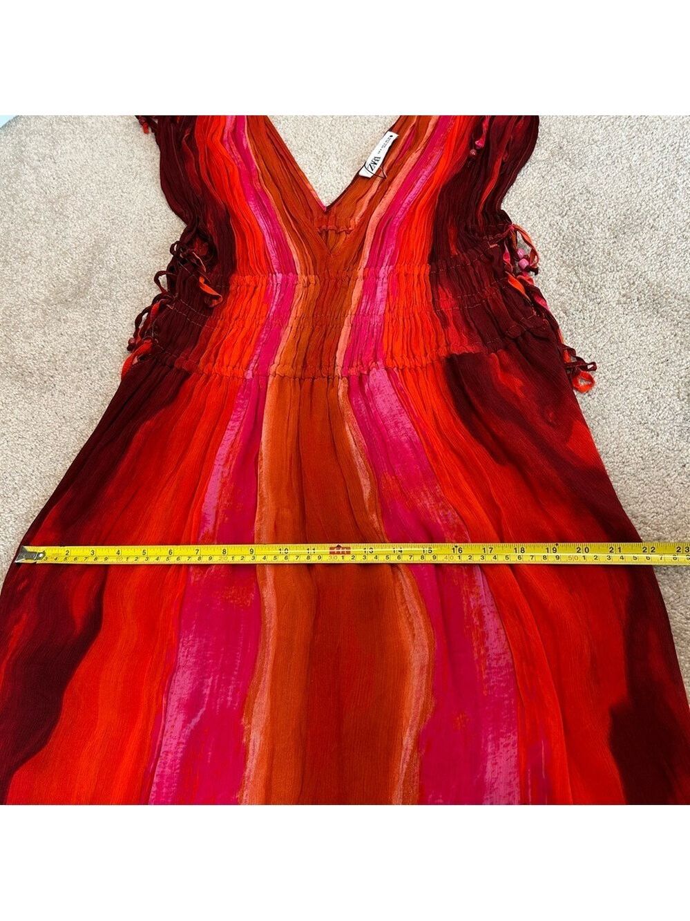 Zara red pink tie-dye BoHo V-neck midi dress Sz M tropical beach vacation NWOT - Picture 12 of 16